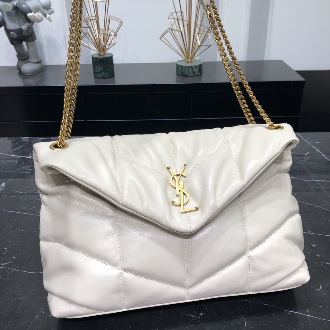 Saint Laurent Loulou Puffer Lambskin Shoulder Bag Handbag White 577475 Gold